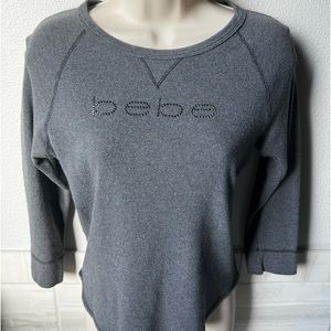 Bebe FITTED 3/4 length sleeve shirt with studded rhinestone on front -dark grey